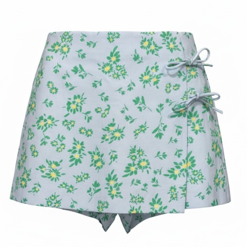 Zara White Floral Mini Skort with Green and Yellow Print